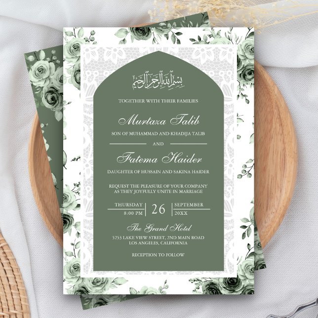 Invitación Sage Green Floral White Lace Arch Boda Musulmana (Subido por el creador)
