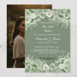 Invitación Sage Green Floral Wreath Photo Rehearsal Dinner 