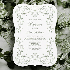 Invitación Sage Green Foliage Frame Baptism Invitation