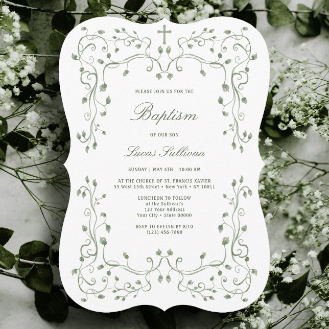 Invitación Sage Green Foliage Frame Baptism Invitation (Subido por el creador)