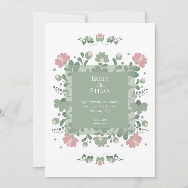 Invitación Sage Green Folk Wildflower Wedding (Anverso)