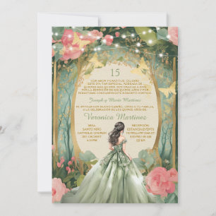 Invitación Sage Green Forest Princess Floral Español 15 Años