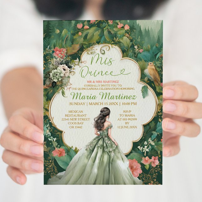 Invitación Sage Green Forest Vestido Floral Princesa Mis Quin (Subido por el creador)