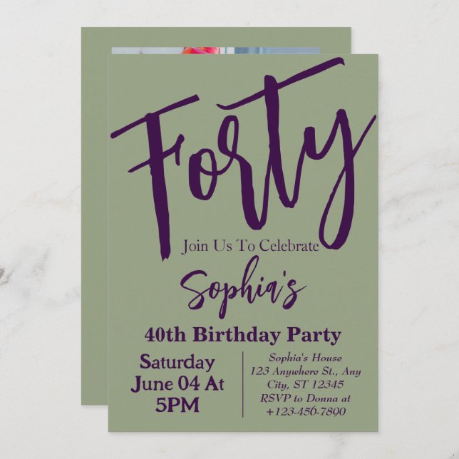 Invitación Sage Green Forty Modern 40th Birthday Fiesta Photo (Anverso / Reverso)