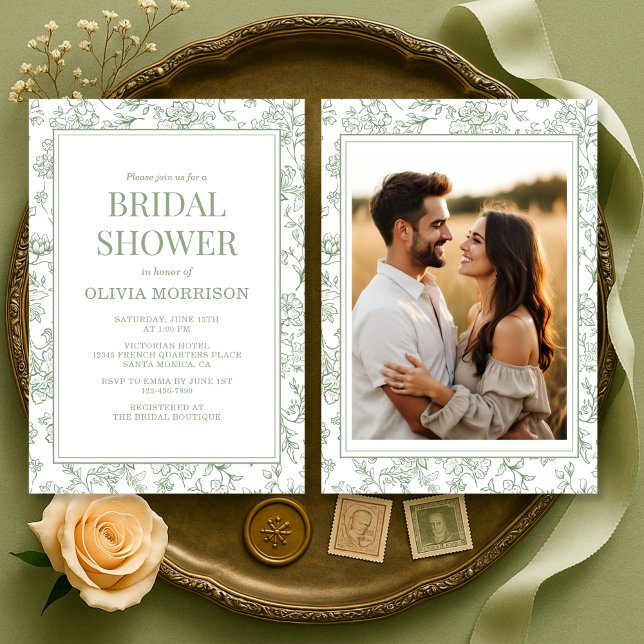 Invitación Sage Green French Toile Photo Bridal Shower (Subido por el creador)