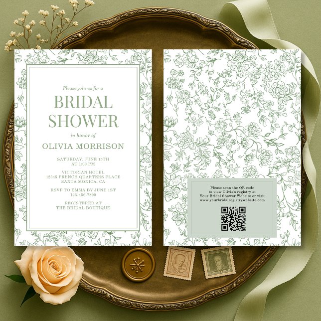 Invitación Sage Green French Toile QR Code Bridal Shower (Subido por el creador)
