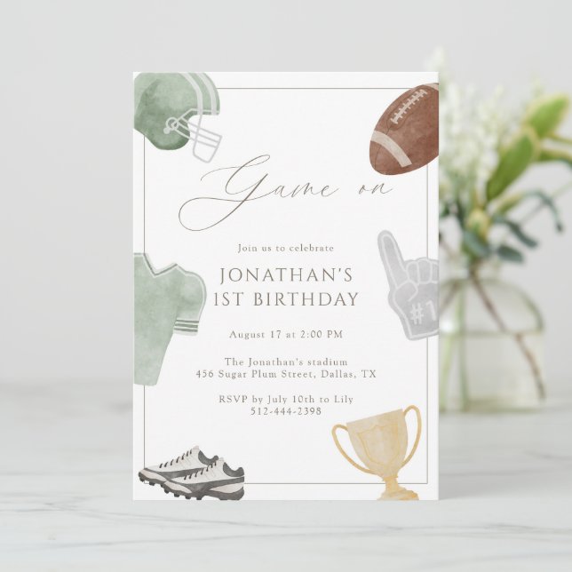 Invitación Sage Green Game On Football Birthday (Anverso de pie)