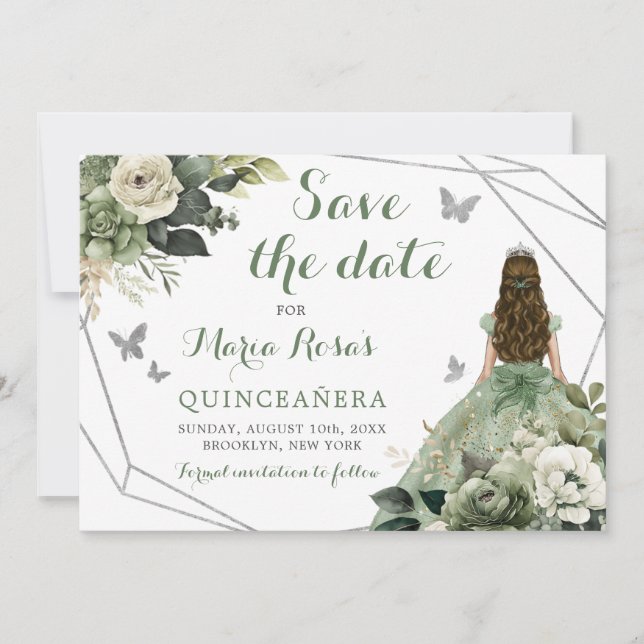 Invitación Sage Green Geometric Princess Quinceañera Floral (Anverso)