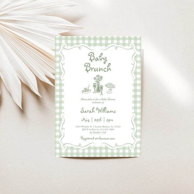 Invitación Sage Green Gingham Baby Brunch Baby Shower (Subido por el creador)