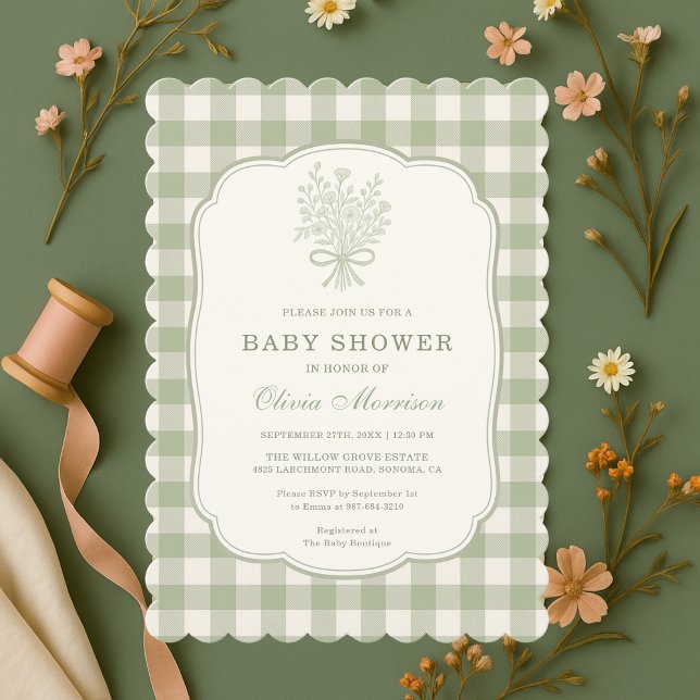 Invitación Sage Green Gingham Baby Shower (Subido por el creador)