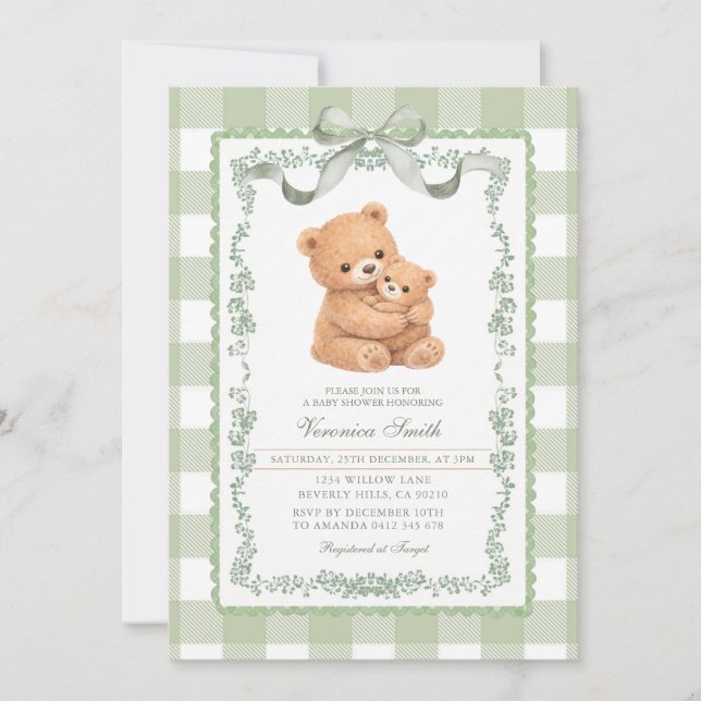 Invitación Sage Green Gingham Bear Mom & Baby  (Anverso)