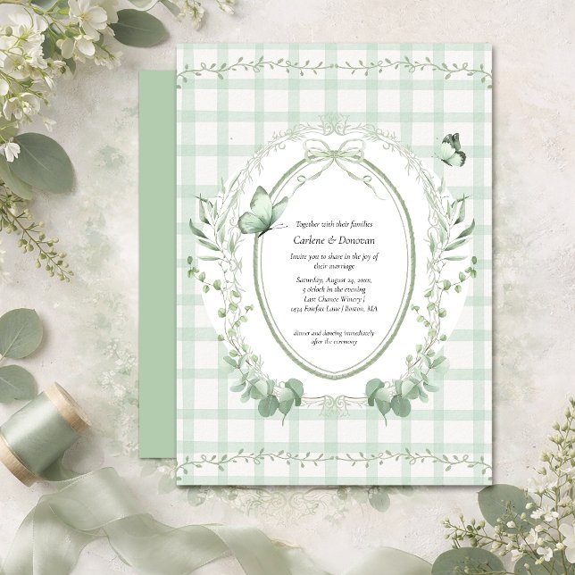 Invitación Sage Green Gingham Botanical Wedding | (Subido por el creador)