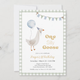 Invitación Sage Green Gingham Boy One Silly Goose Cumpleaños