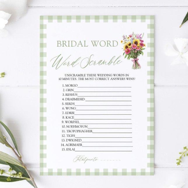 Invitación Sage Green Gingham Bridal Word Scramble Game (Sage Green Gingham Bridal Word Scramble Game)