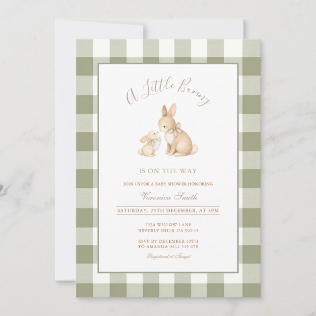 Invitación Sage Green Gingham Bunny Baby Shower Invitation (Anverso)