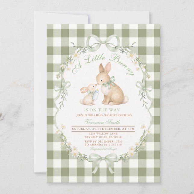 Invitación Sage Green Gingham Bunny Neutral Baby Shower  (Anverso)