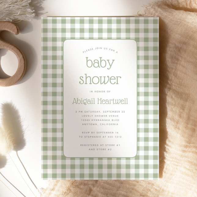 Invitación Sage Green Gingham Check Baby Shower (Subido por el creador)
