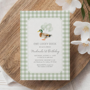 Invitación Sage Green Gingham Duck Primer Cumpleaños