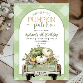 Invitación Sage Green Gingham Fall Pumpkin Patch Cumpleaños