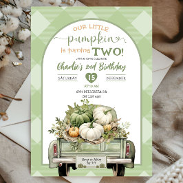 Invitación Sage Green Gingham Fall Pumpkin Tema Cumpleaños
