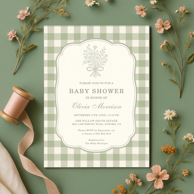 Invitación Sage Green Gingham Floral Bow Baby Shower (Subido por el creador)