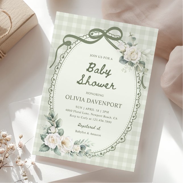 Invitación Sage Green Gingham Floral Garden Baby Shower (Subido por el creador)