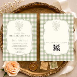 Invitación Sage Green Gingham Floral QR Code Bridal Shower