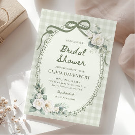 Invitación Sage Green Gingham Floral Vintage Bridal Shower