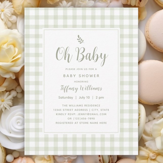 Invitación Sage Green Gingham Género Neutral Oh Baby Shower (Subido por el creador)