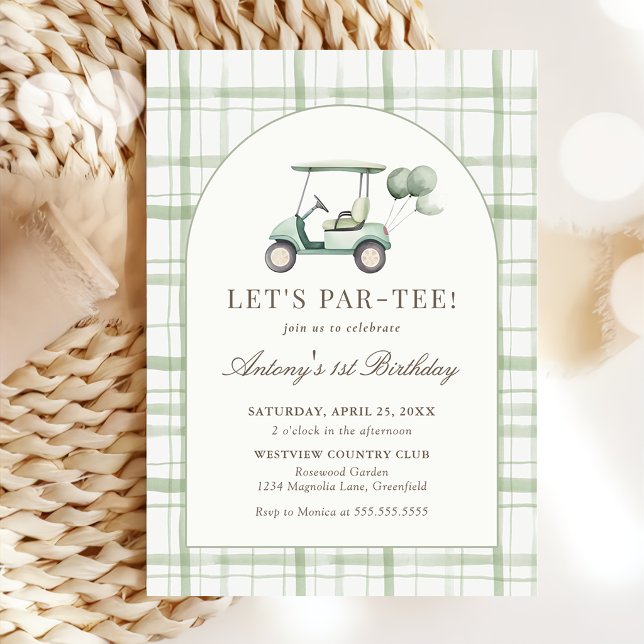 Invitación Sage Green Gingham Golf Birthday Invitation (Subido por el creador)