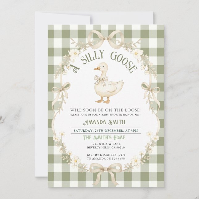 Invitación Sage Green Gingham Goose Baby Shower Invitation (Anverso)
