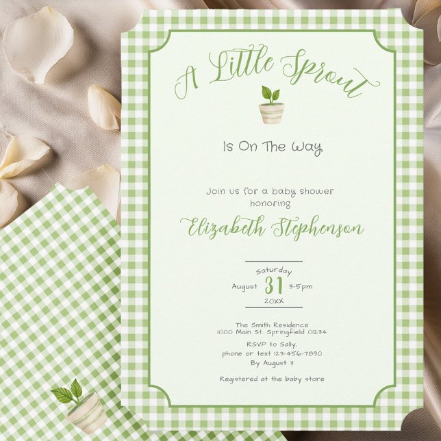 Invitación Sage Green Gingham Little Sprout Baby Shower (Subido por el creador)