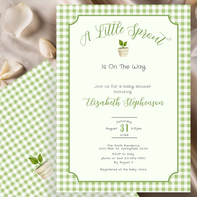 Invitación Sage Green Gingham Little Sprout Baby Shower (Subido por el creador)