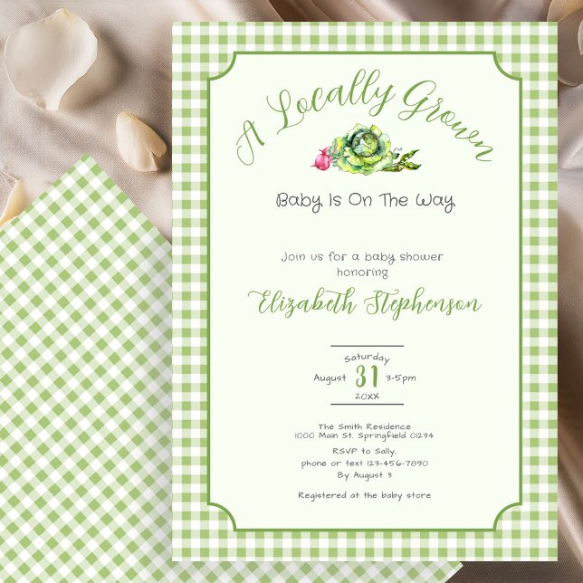 Invitación Sage Green Gingham Locally Grown Baby Shower (Subido por el creador)