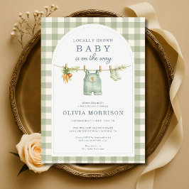 Invitación Sage Green Gingham Locally Grown Baby Shower