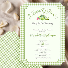 Invitación Sage Green Gingham Locally Grown Baby Shower