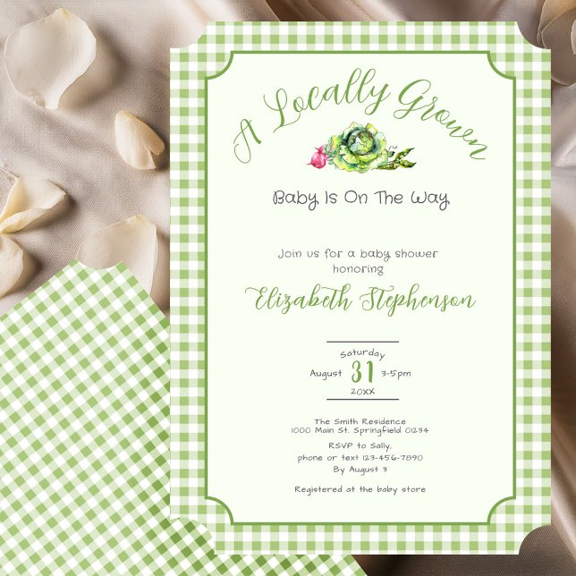 Invitación Sage Green Gingham Locally Grown Baby Shower (Subido por el creador)