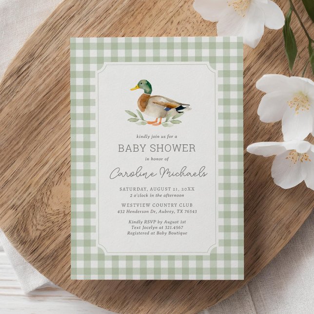 Invitación Sage Green Gingham Mallard Duck Baby Shower (Subido por el creador)