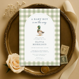 Invitación Sage Green Gingham Mallard Duck Bow Baby Shower