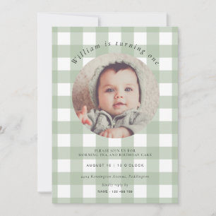 Invitación Sage Green Gingham Photo Birday
