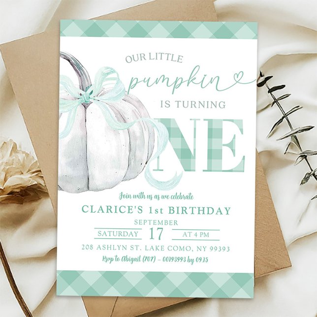 Invitación Sage Green Gingham Preppy Pumpkin 1er cumpleaños (Subido por el creador)