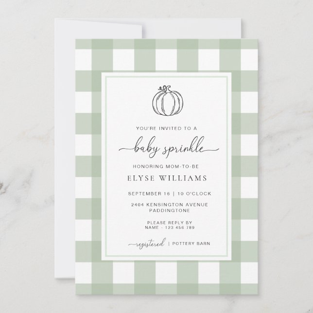 Invitación Sage Green Gingham Pumpkin Bebé Sprinkle (Anverso)