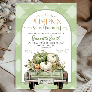 Invitación Sage Green Gingham Pumpkin Truck Baby Shower