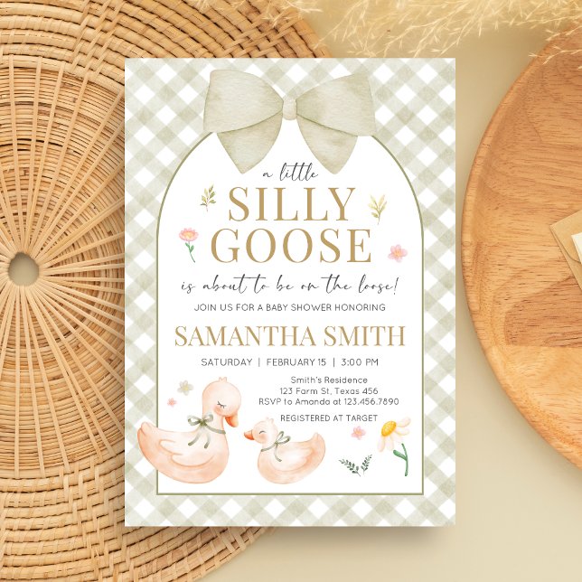 Invitación Sage Green Gingham Silly Goose Baby Shower (Silly Goose Baby Shower Invitation)