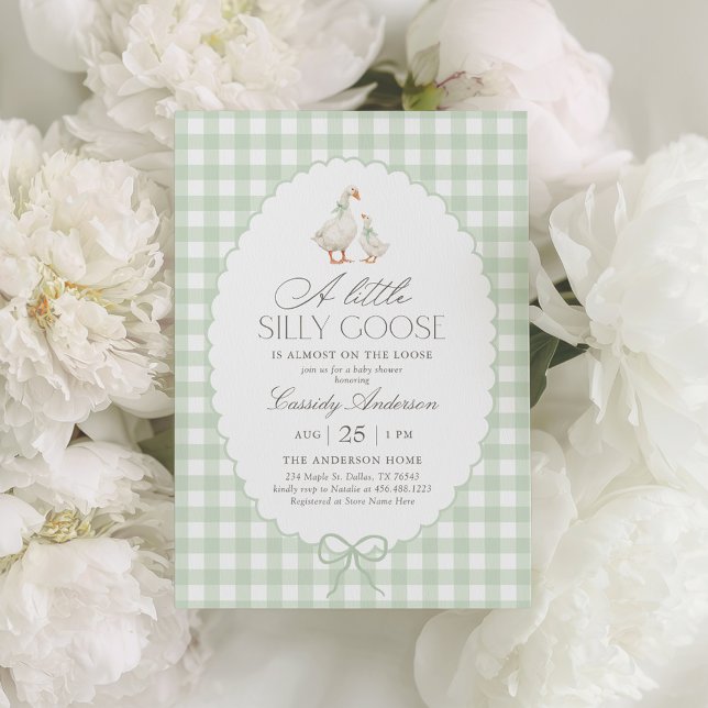 Invitación Sage Green Gingham Silly Goose Baby Shower (Subido por el creador)