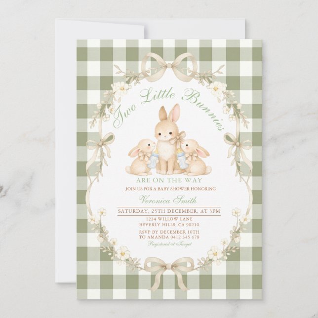 Invitación Sage Green Gingham Twins Baby Shower Invitation (Anverso)