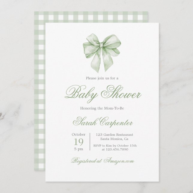 Invitación Sage Green Gingham y Bow Baby Shower (Anverso / Reverso)