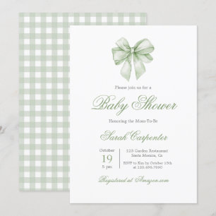 Invitación Sage Green Gingham y Bow Baby Shower