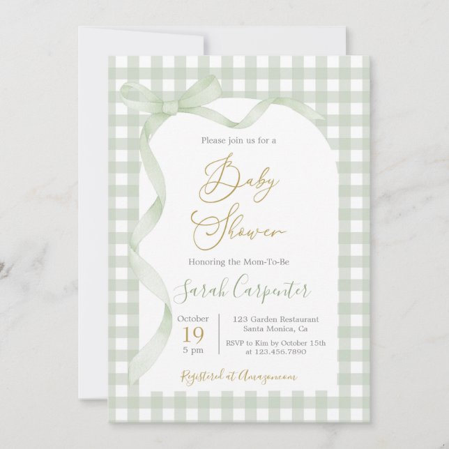 Invitación Sage Green Gingham y Bow Baby Shower (Anverso)