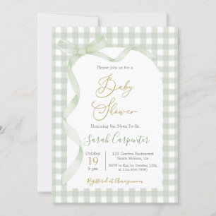 Invitación Sage Green Gingham y Bow Baby Shower